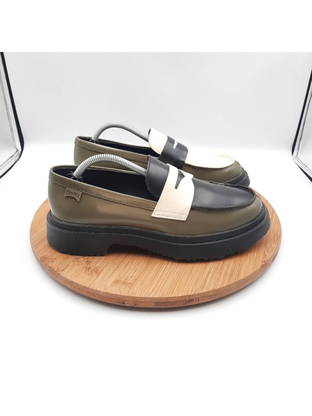 Camper Walden Twins Womens 38 US 7.5 Shoes Olive Black Leather Chunky Loafers
